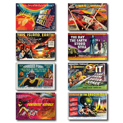 Set of 8 classic B movie film poster fridge magnets, flexible and colorful, featuring vintage movie designs.