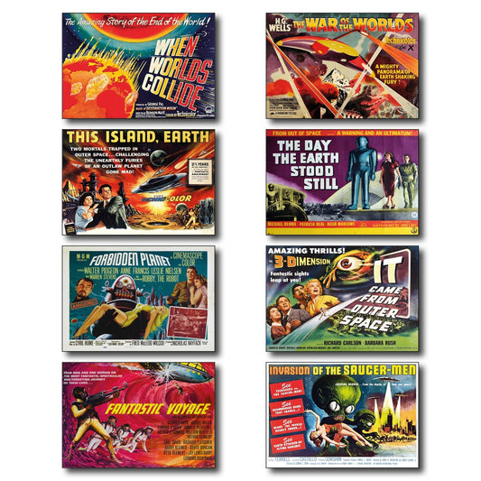 Set of 8 classic B movie film poster fridge magnets, flexible and colorful, featuring vintage movie designs.