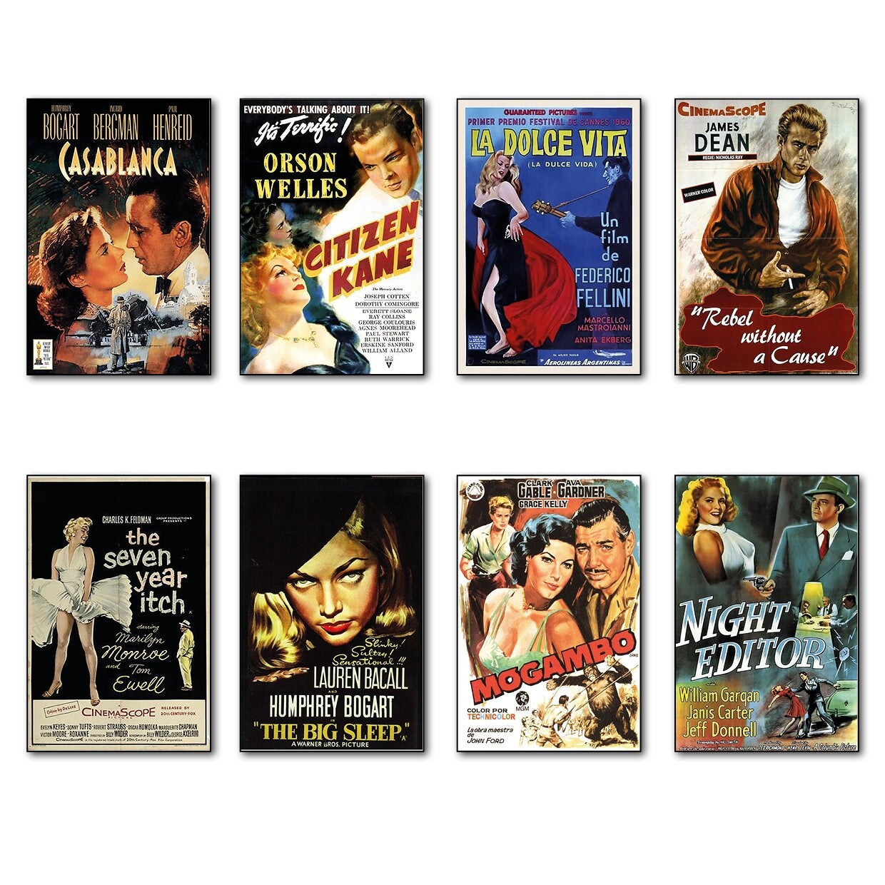 Set of 8 vintage classic film poster fridge magnets, flexible magnets featuring nostalgic movie designs.