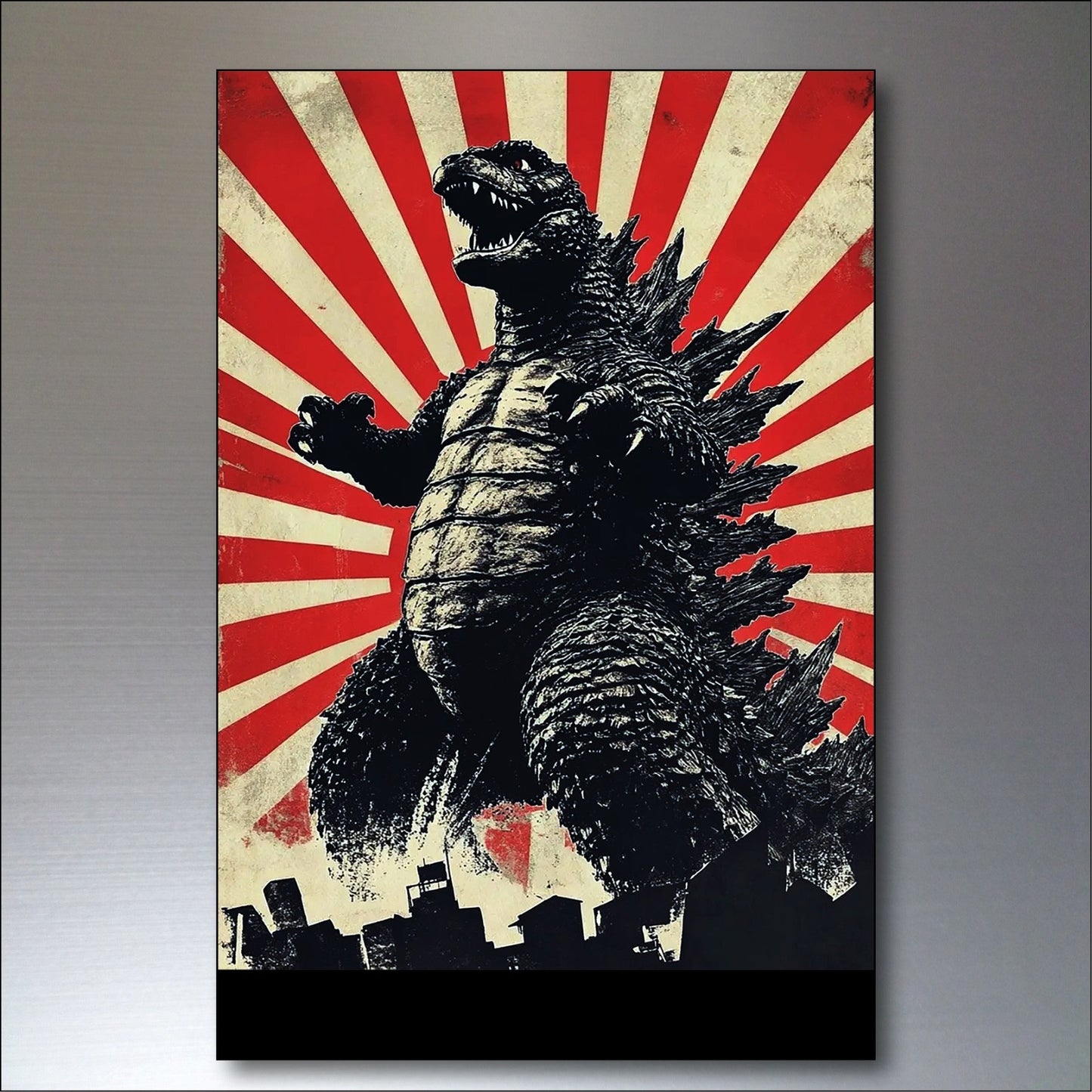 Set of 8 vintage Godzilla film poster fridge magnets featuring colorful monster designs and retro movie artwork.