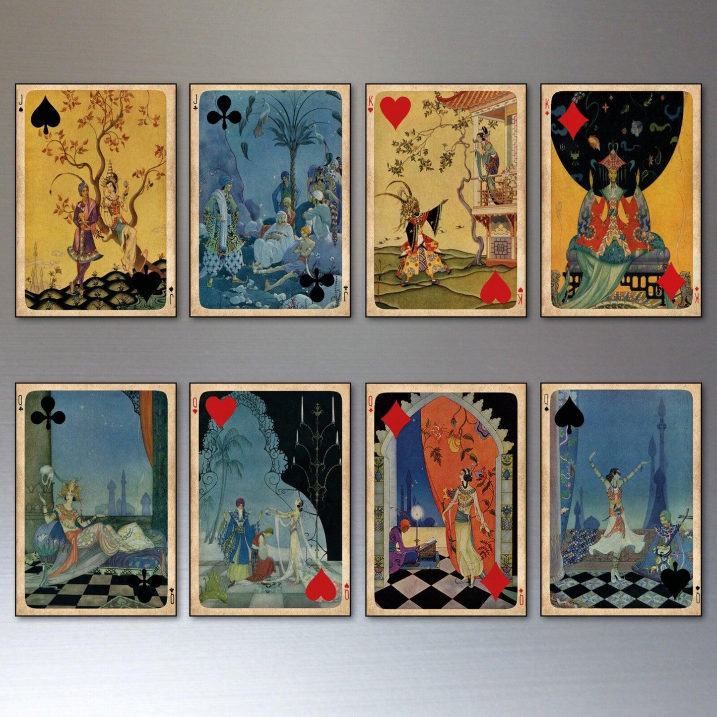 Set of 8 vintage Indian Tarot cards fridge magnets featuring retro tarot illustrations, perfect for decorative refrigerator decor.