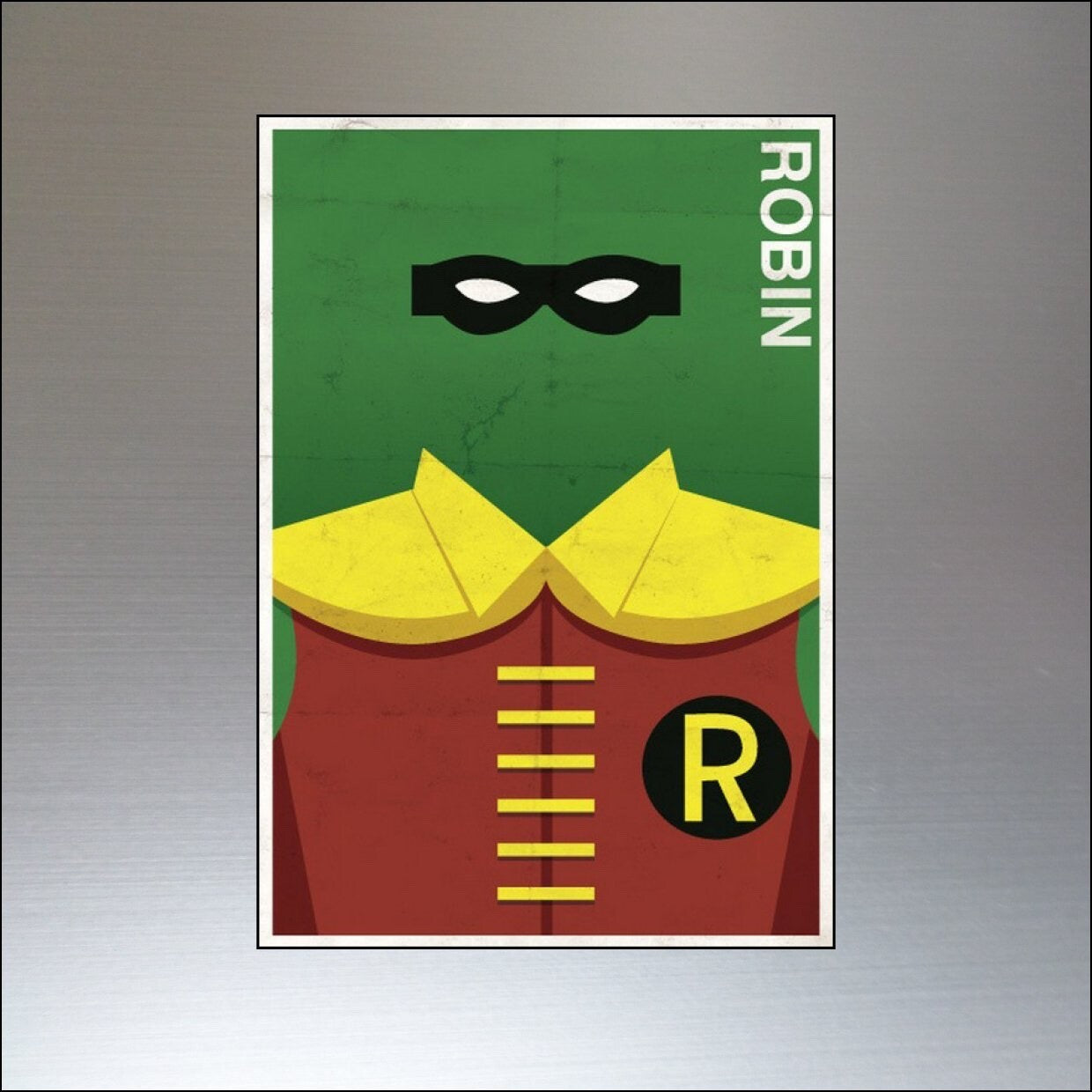 Set of 8 vintage superhero and villain fridge magnets featuring colorful character designs on a magnetic backing.
