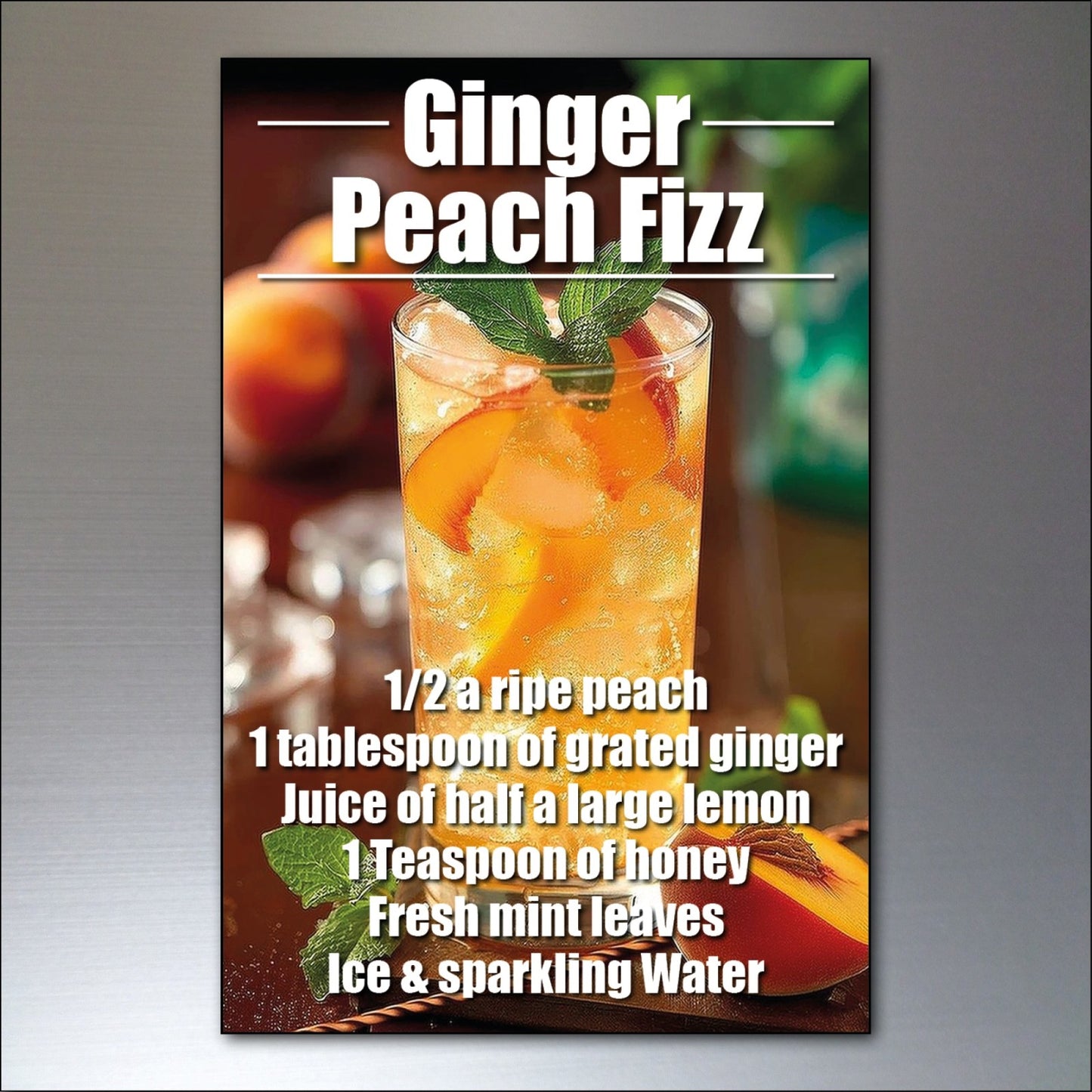 Set of six non-alcoholic mocktail recipe fridge magnets featuring colorful drink illustrations and decorative designs.