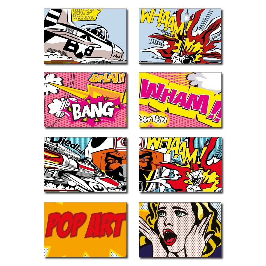 Set of 8 vintage retro pop art fridge magnets featuring Lichtenstein-inspired designs, colorful and artistic refrigerator decor.
