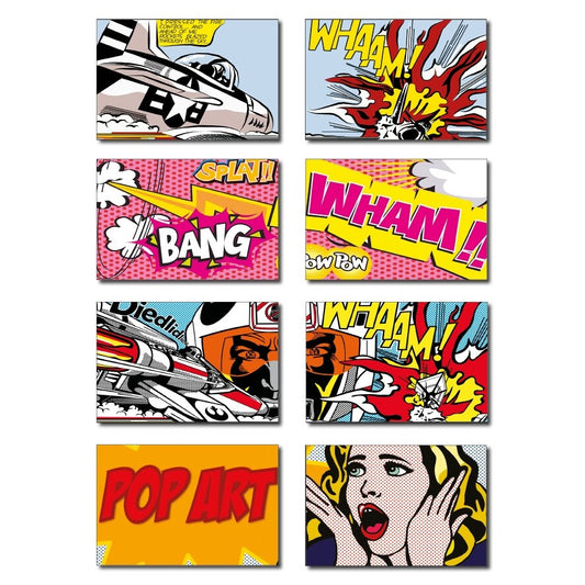 Set of 8 vintage retro pop art fridge magnets featuring Lichtenstein-inspired designs, colorful and artistic refrigerator decor.