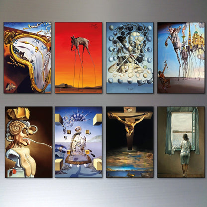 Set of 8 Salvador Dali painting fridge magnets, featuring colorful, surreal artwork on small decorative magnets for refrigerators.