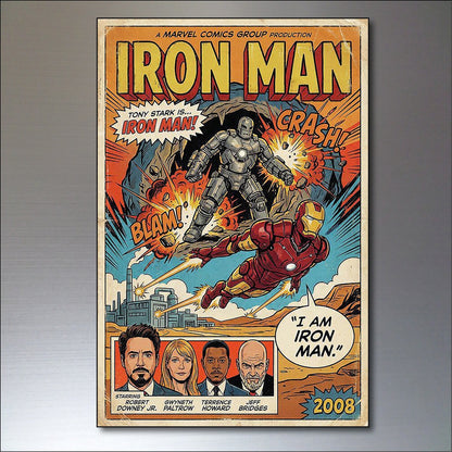 Set of six vintage superhero and villain fridge magnets by Super Hero, featuring colorful comic book character designs.