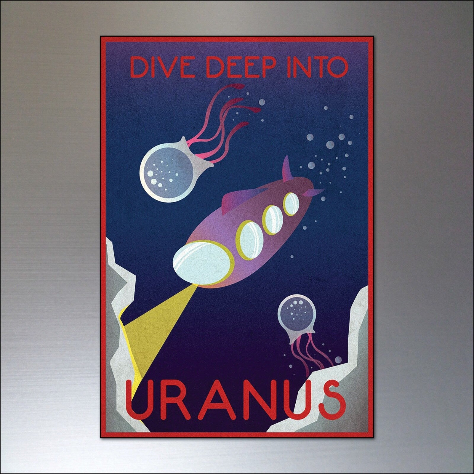 Set of 8 NASA retro sci-fi space travel explorer artwork prints featuring vintage sci-fi themes for fridge decoration.