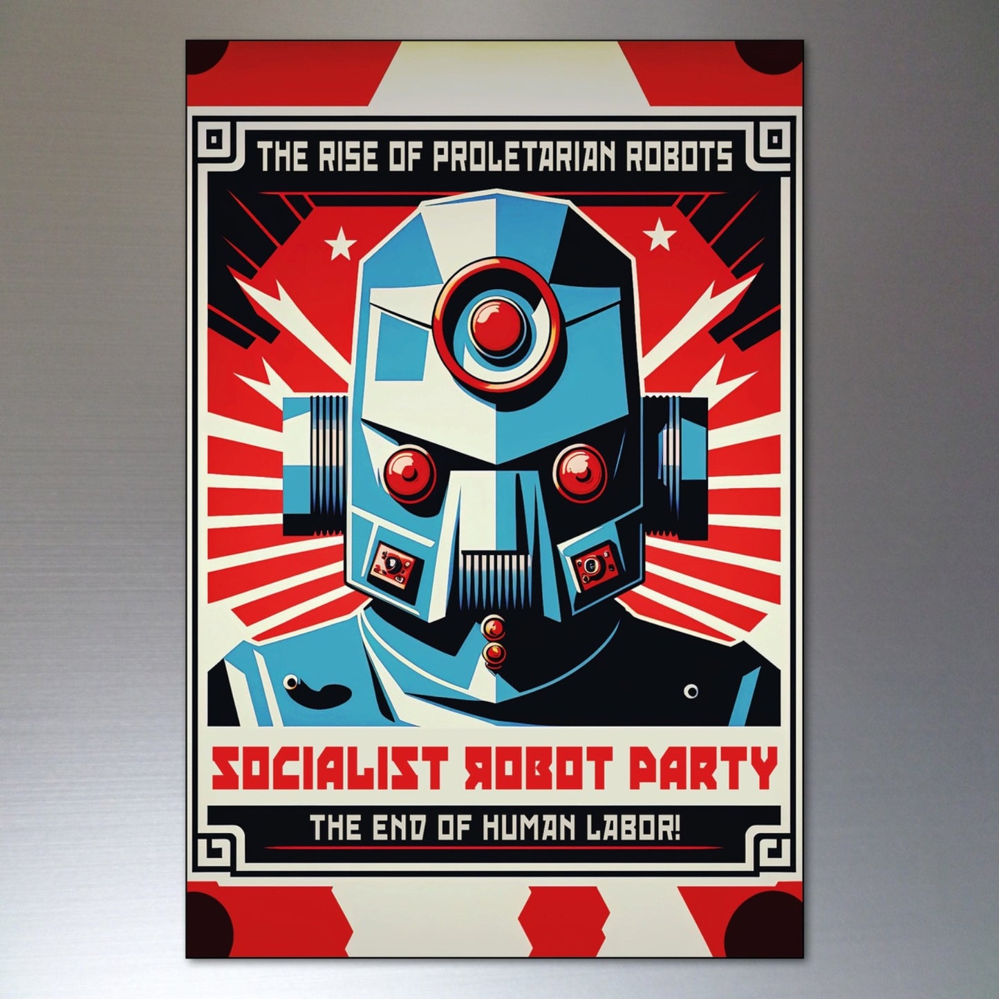 Set of 8 vintage retro sci-fi robot fridge magnets featuring classic robot artwork, perfect for science fiction decor.