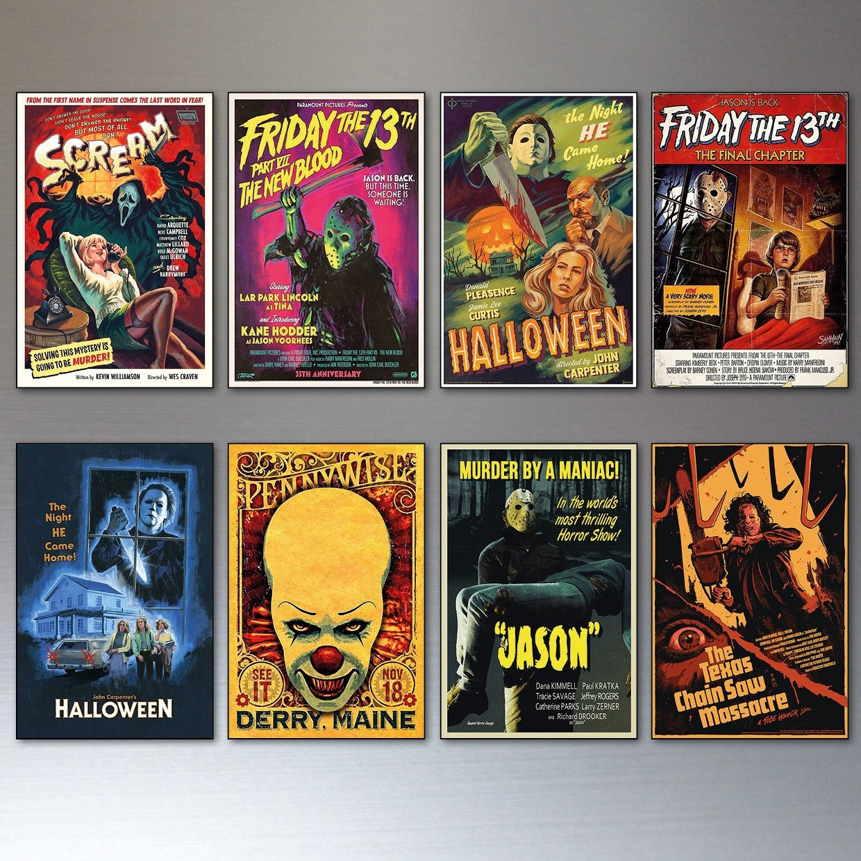 Set of 8 vintage horror film movie poster fridge magnets featuring classic horror artwork and titles, unbranded collectible magnet set.