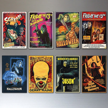 Set of 8 vintage horror film movie poster fridge magnets featuring classic horror artwork and titles, unbranded collectible magnet set.