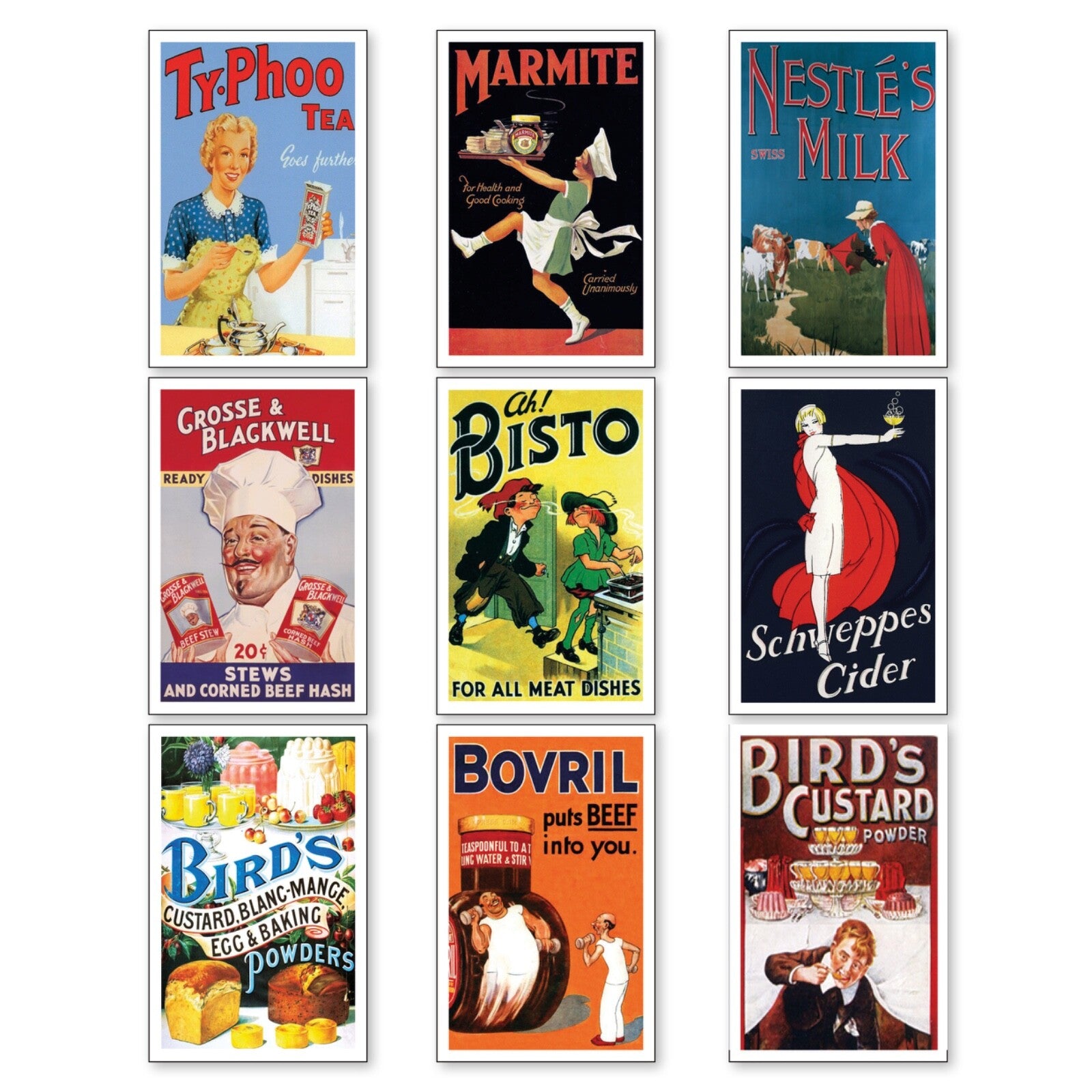 Set of 9 vintage retro fridge magnets featuring classic advertising designs, perfect for decorating and collecting.
