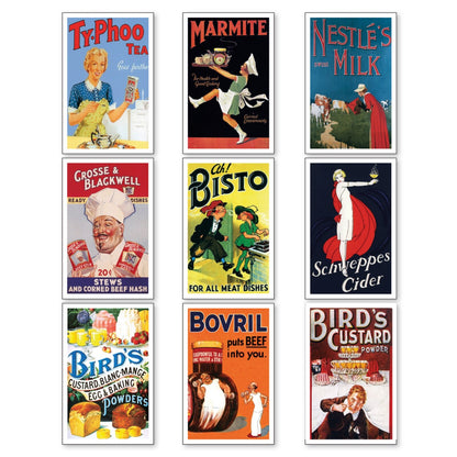 Set of 9 vintage retro fridge magnets featuring classic advertising designs, perfect for decorating and collecting.