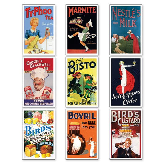 Set of 9 vintage retro fridge magnets featuring classic advertising designs, perfect for decorating and collecting.