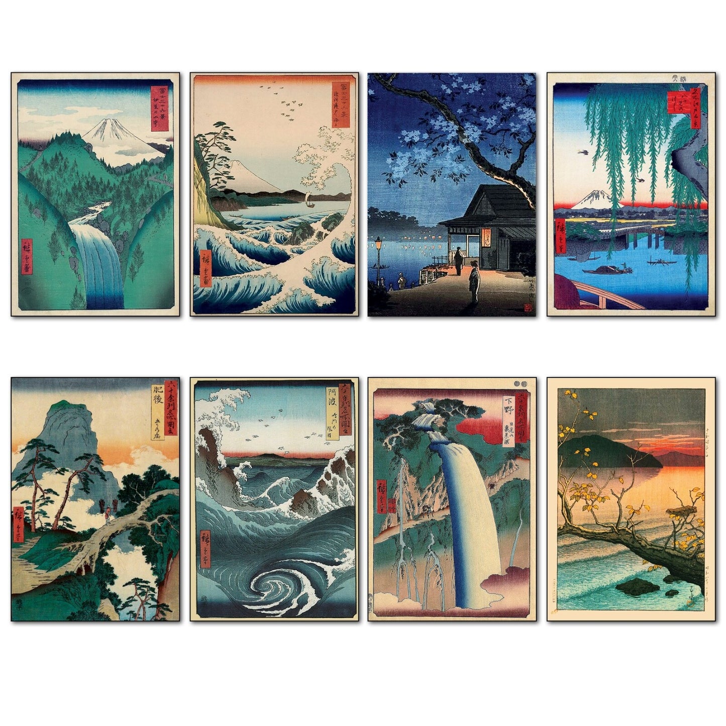 Set of vintage Japanese ukiyo-e art wood block fridge magnets featuring traditional Japanese design and vibrant colors.