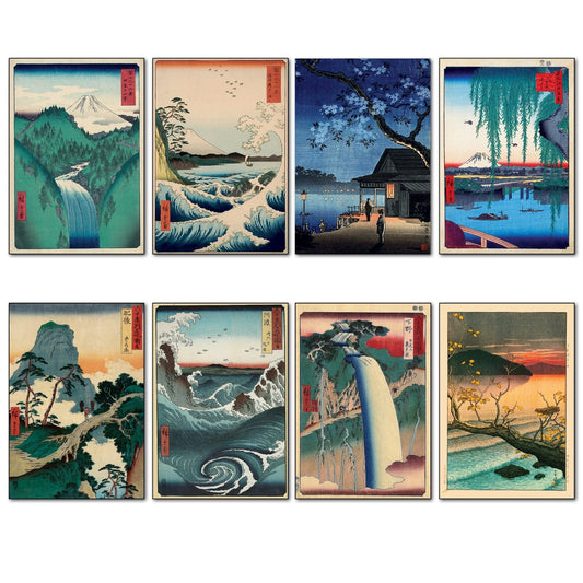 Set of vintage Japanese ukiyo-e art wood block fridge magnets featuring traditional Japanese design and vibrant colors.