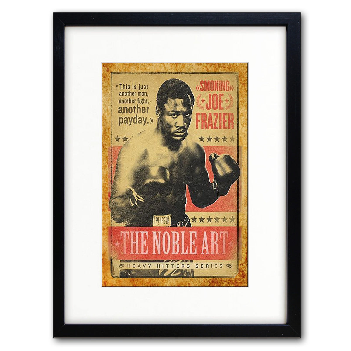 A framed vintage-style boxing poster featuring Joe Frazier, with a black frame and white mat on a light gray background.