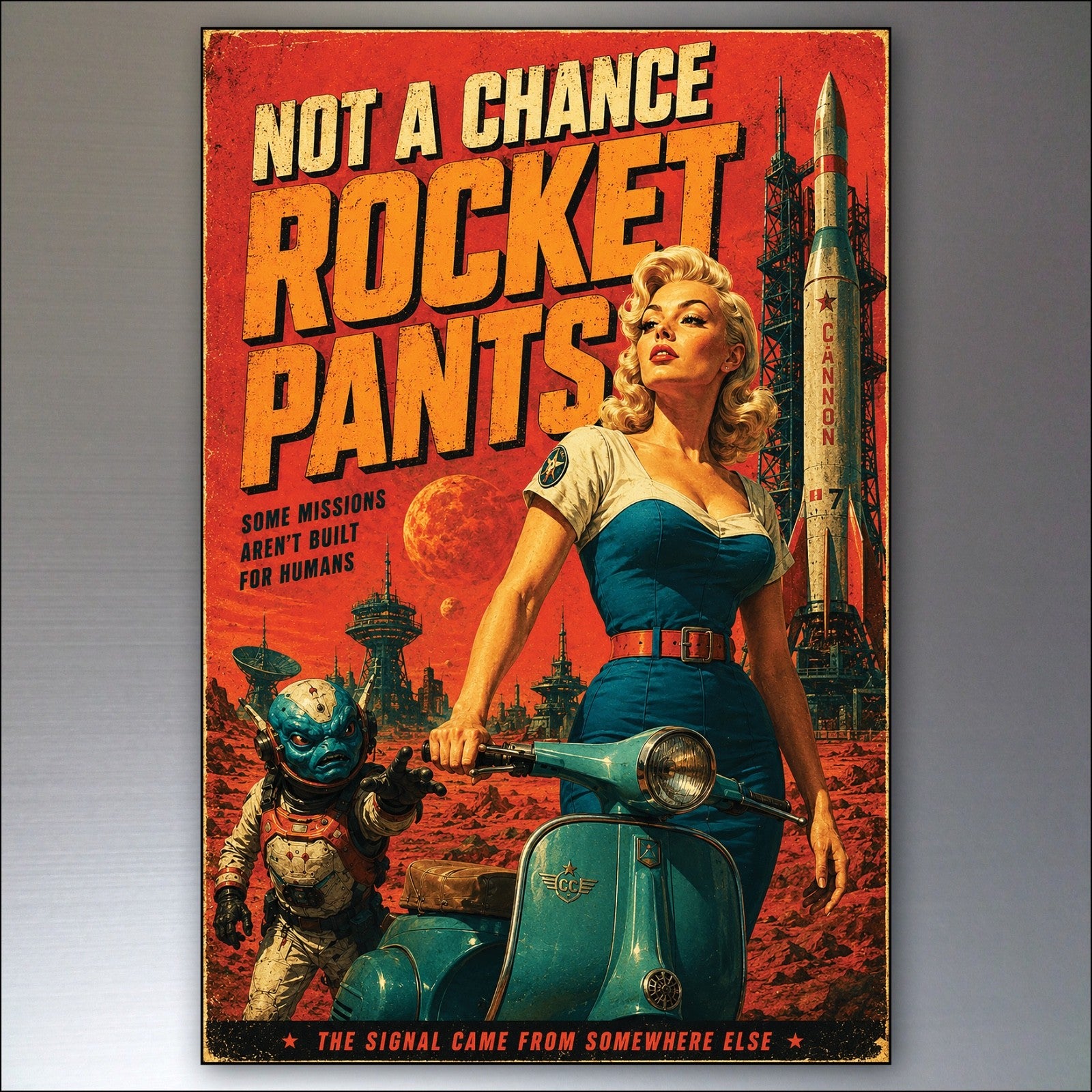 Set of six vintage sci-fi novel fridge magnets featuring retro artwork, unbranded collectible science fiction themed magnets.