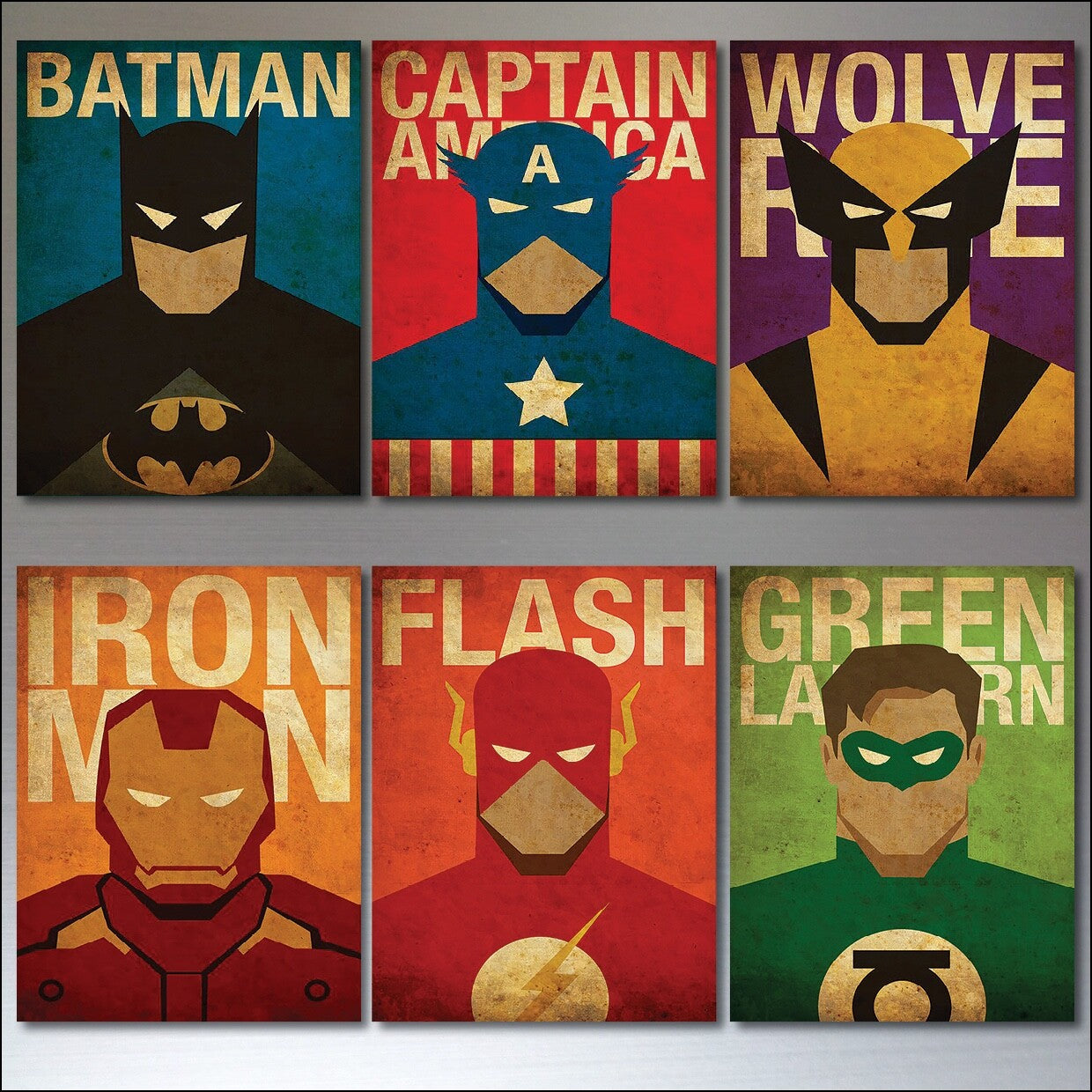 Set of six vintage superhero and villain fridge magnets, colorful metal designs featuring classic comic book characters.
