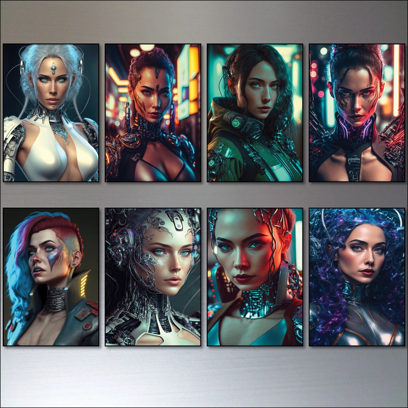 Set of 8 Cyberpunk and steampunk women superhero fridge magnets with vibrant, detailed designs on metal surfaces.