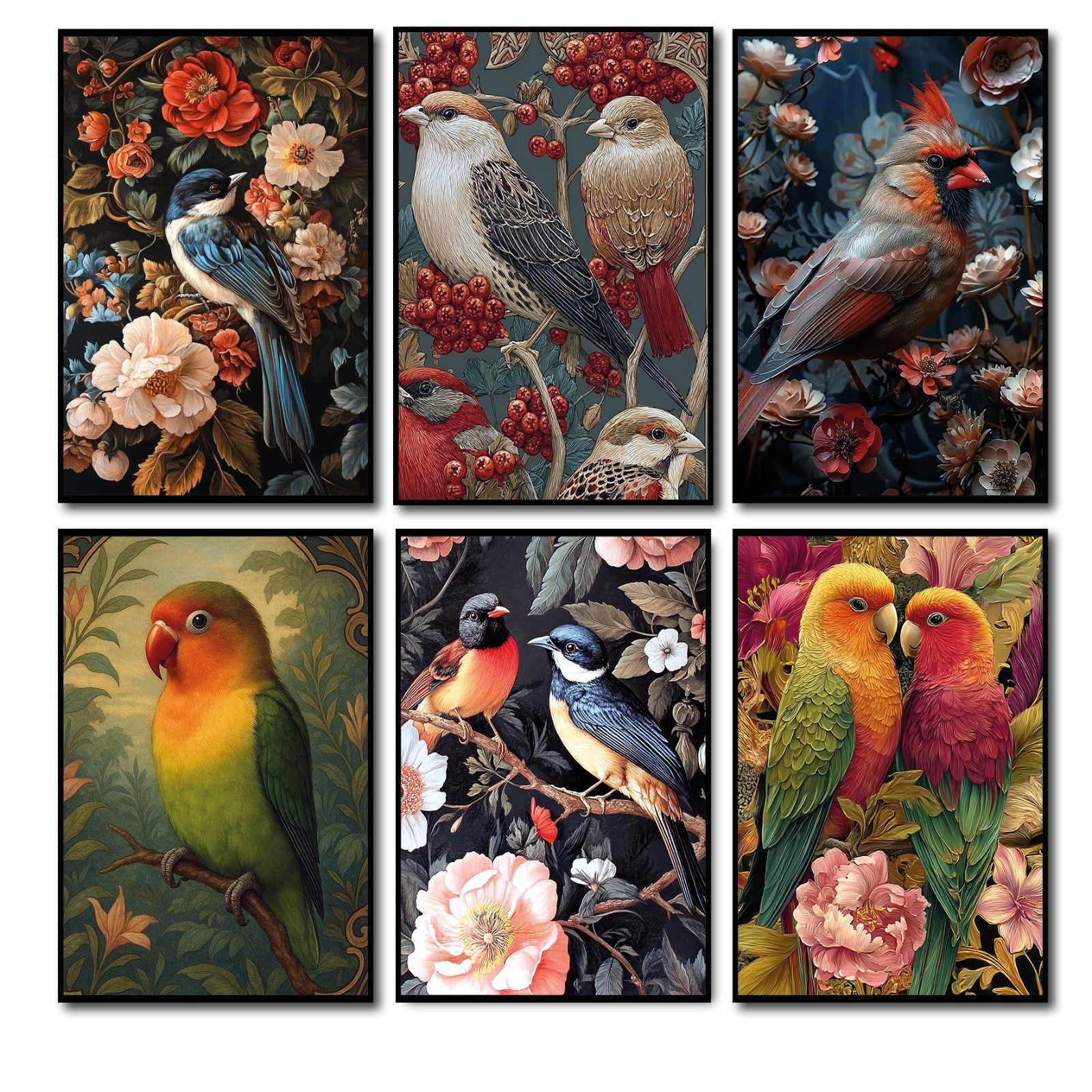 Set of six vintage Victorian-style Parrot Macaw bird fridge magnets, colorful illustrations for home decor or fridge display.
