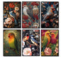 Set of six vintage Victorian-style Parrot Macaw bird fridge magnets, colorful illustrations for home decor or fridge display.