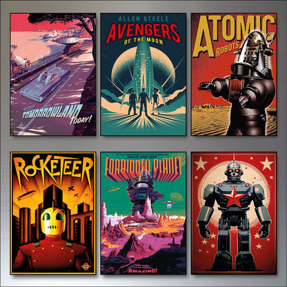Set of six vintage retro sci-fi artwork magnets featuring large science fiction-themed designs for refrigerators.