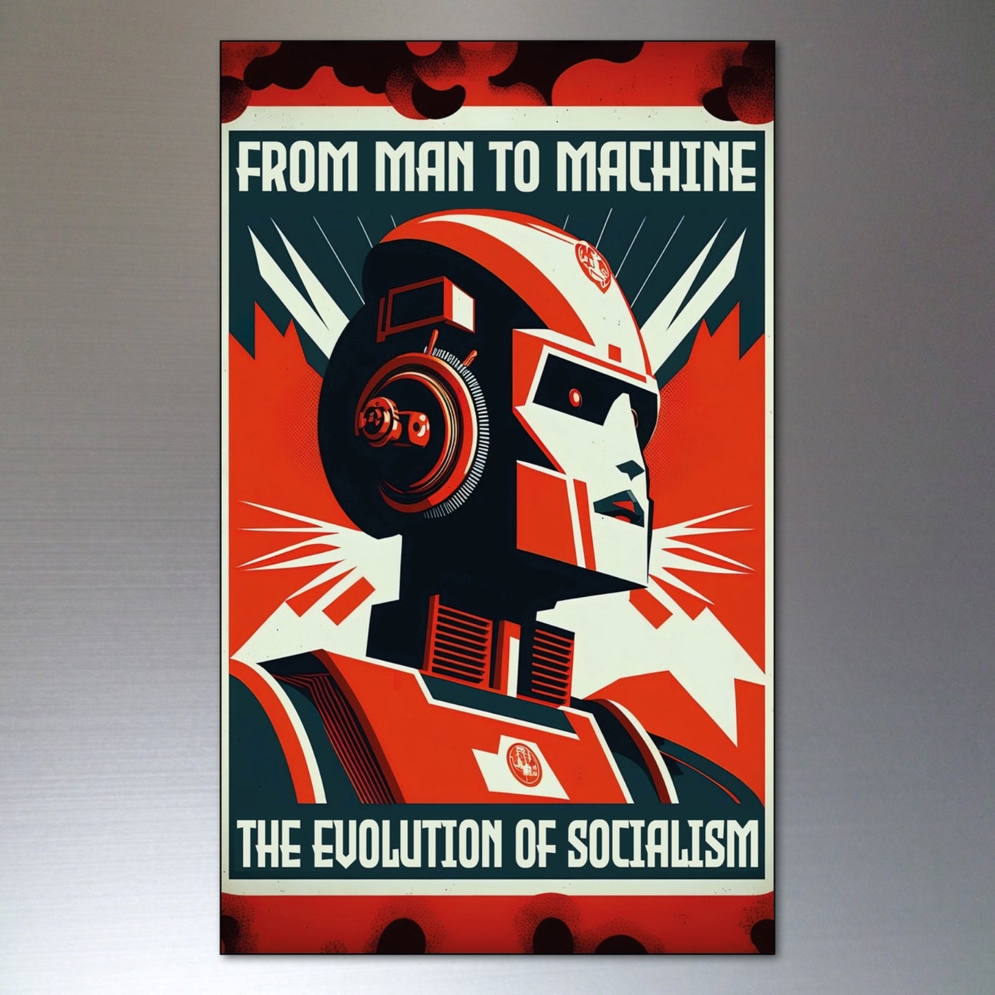 Set of 8 vintage retro sci-fi robot fridge magnets featuring colorful robot artwork for science fiction fans.