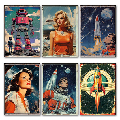 Set of six vintage retro sci-fi refrigerator magnets featuring science fiction artwork, unbranded, large size, No.9.