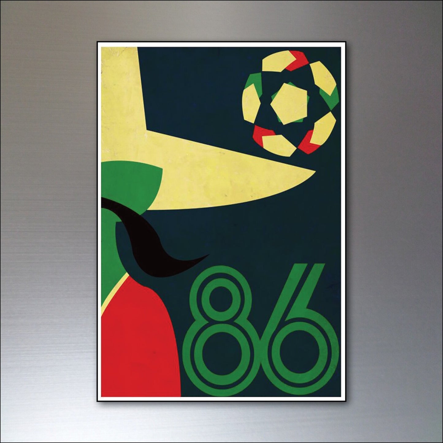 Set of 8 vintage football World Cup posters fridge magnets from 1986 to 2014, featuring iconic tournament images and designs.