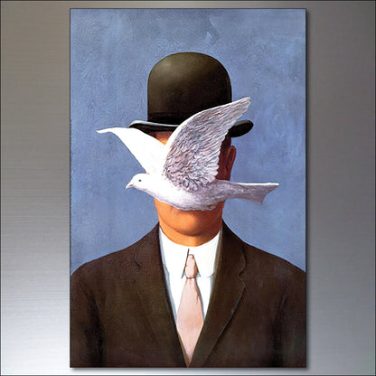 Set of 8 vintage fridge magnets featuring René Magritte surrealism paintings by Surralalist, with colorful, detailed art images.
