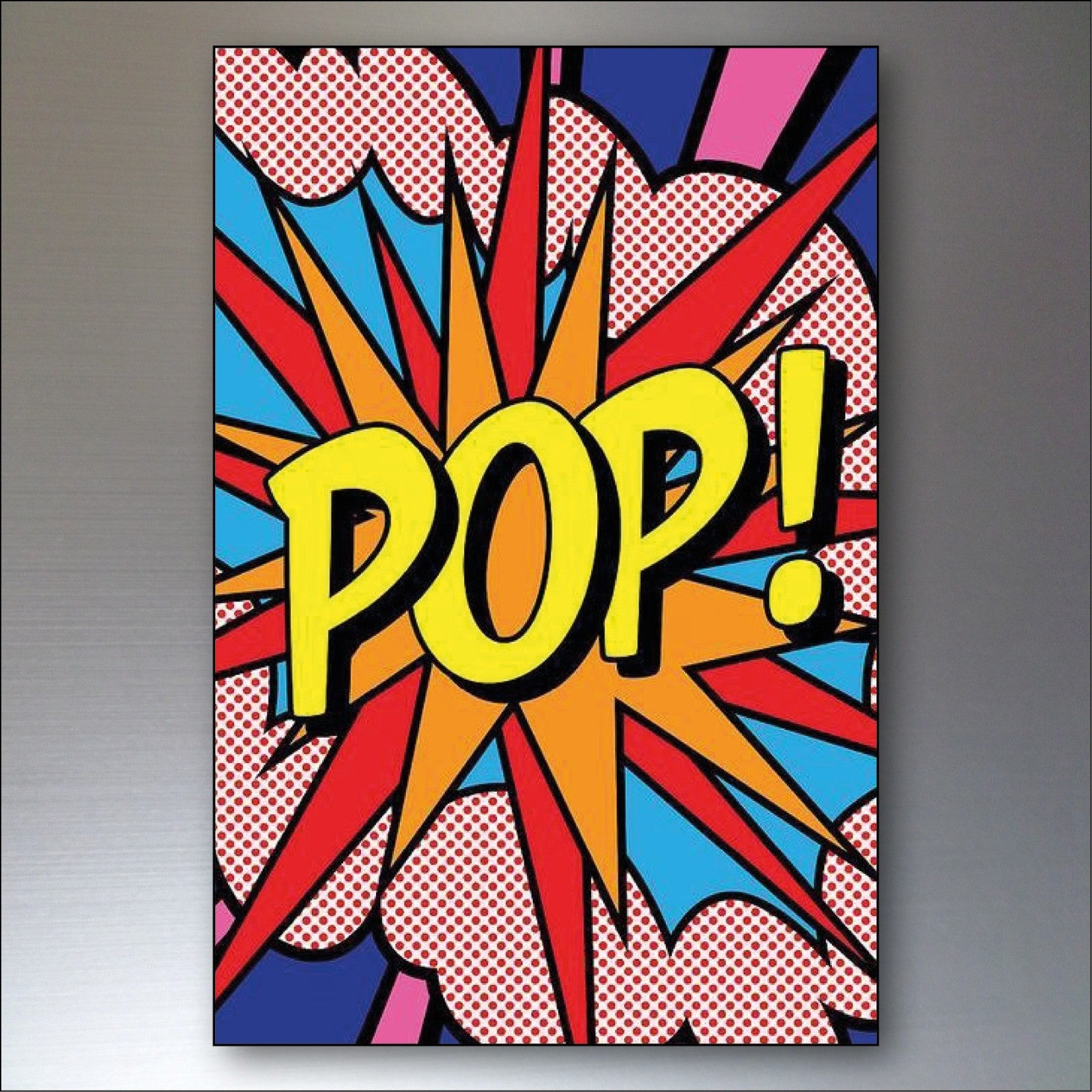 Set of 8 vintage retro pop art fridge magnets, colorful and artistic, featuring bold designs on small rectangular magnets.
