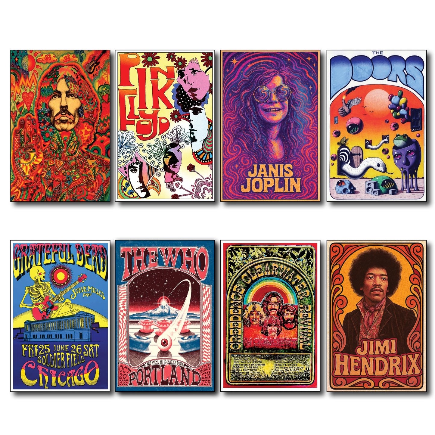 Set of 8 vintage 1960s and 70s psychedelic music posters fridge magnets by Bubbadoodoo, featuring vibrant, retro-inspired designs.