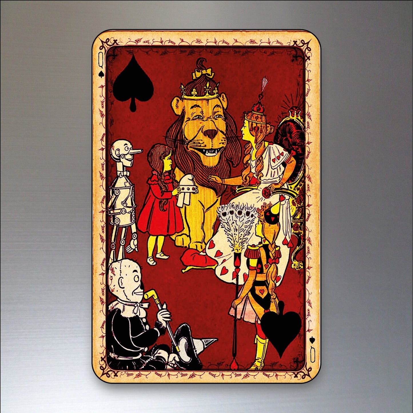 Vintage Wizard of Oz fridge magnets set of 8 featuring decorative playing card designs, perfect for kitchen decor and collectibles.