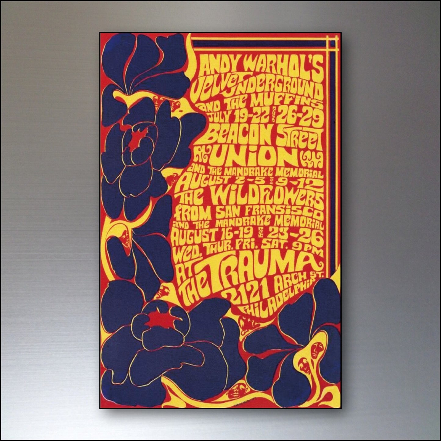 Set of 8 vintage 1960s and 70s psychedelic music posters fridge magnets, unbranded, featuring colorful retro artwork and band graphics.