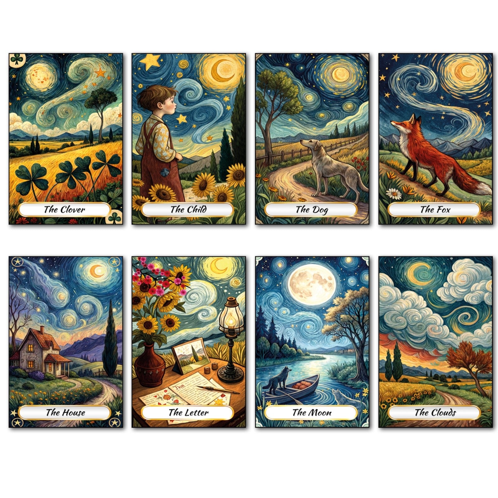 Set of 8 Van Gogh style Tarot card fridge magnets, featuring colorful, artistic tarot designs on glossy surfaces.