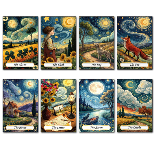 Set of 8 Van Gogh style Tarot card fridge magnets, featuring colorful, artistic tarot designs on glossy surfaces.
