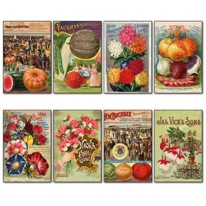 Set of 8 vintage botanical seed packet fridge magnets by bvdb, featuring detailed horticultural seed packet designs.