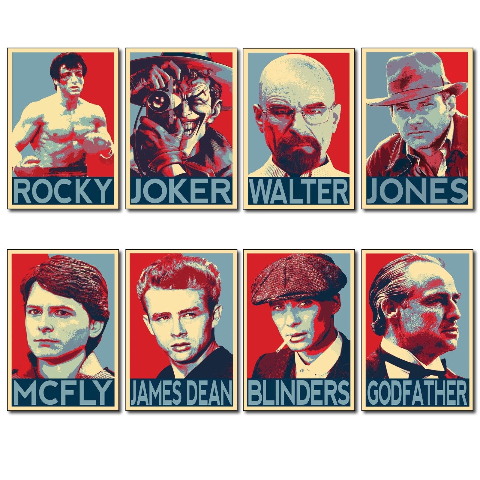 Set of 8 vintage film poster magnet icons from Icons, stylized movie magnets with retro cinema designs.