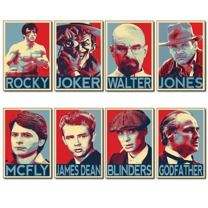 Set of 8 vintage film poster magnet icons from Icons, stylized movie magnets with retro cinema designs.