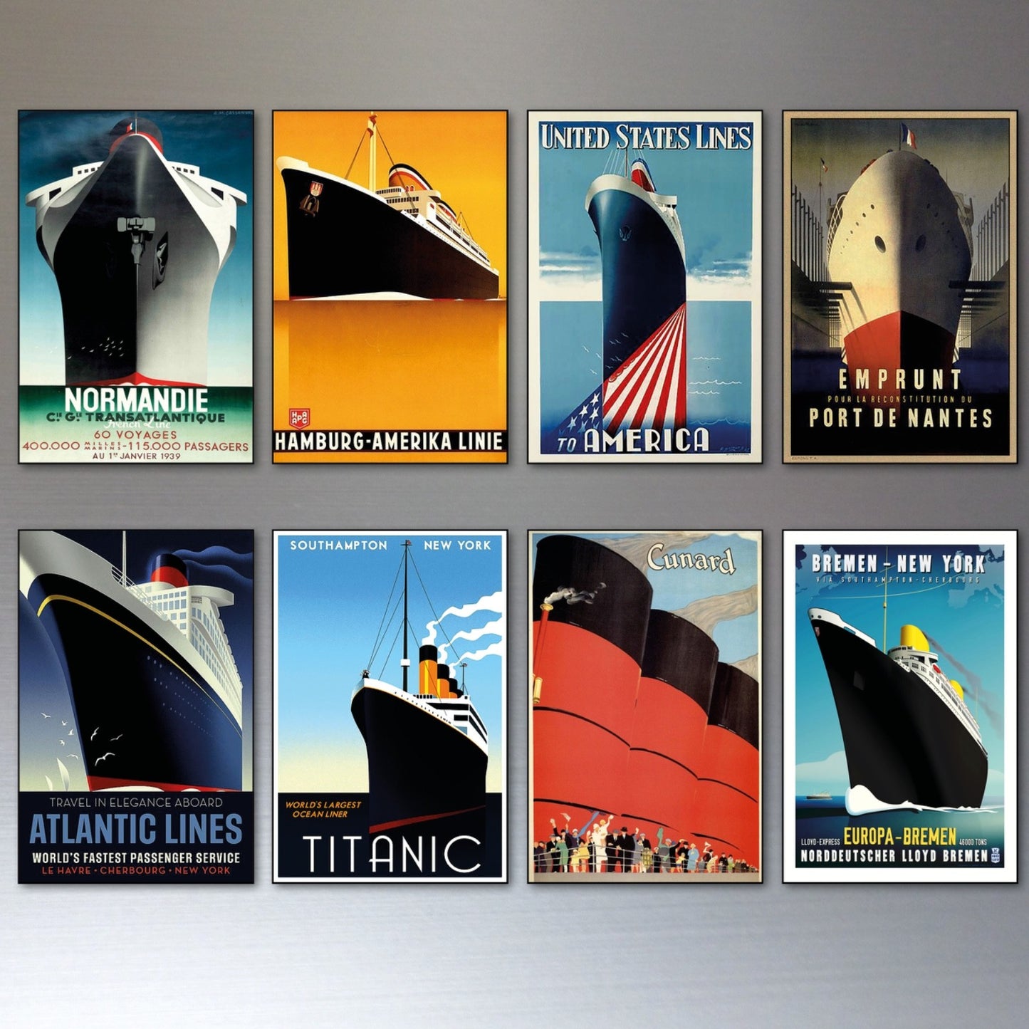 Set of 8 classic Atlantic liner shipping advertising fridge magnets with vintage ship illustrations and branding.