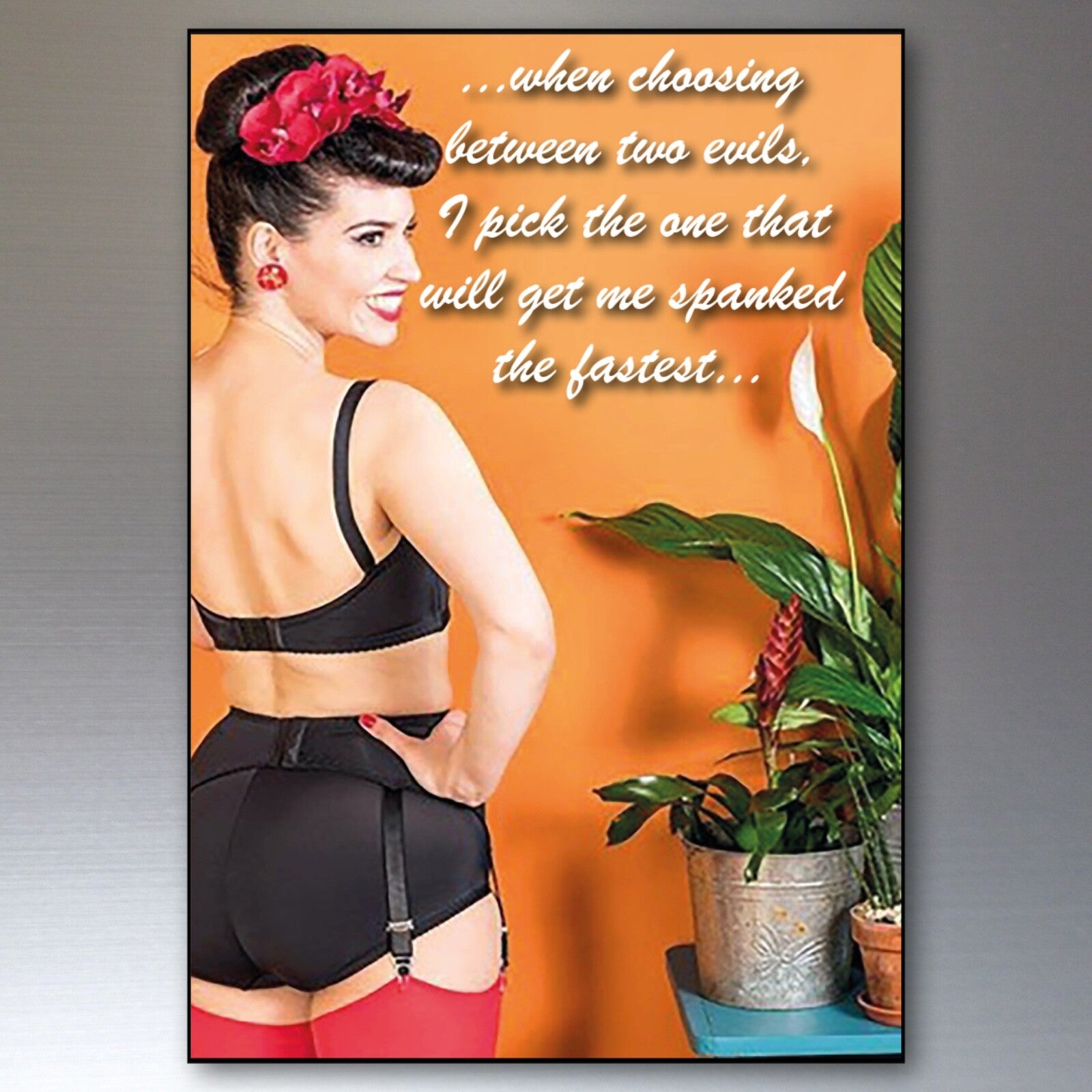 Set of 8 vintage pin-up girl fridge magnets, featuring colorful retro illustrations on metallic surfaces.