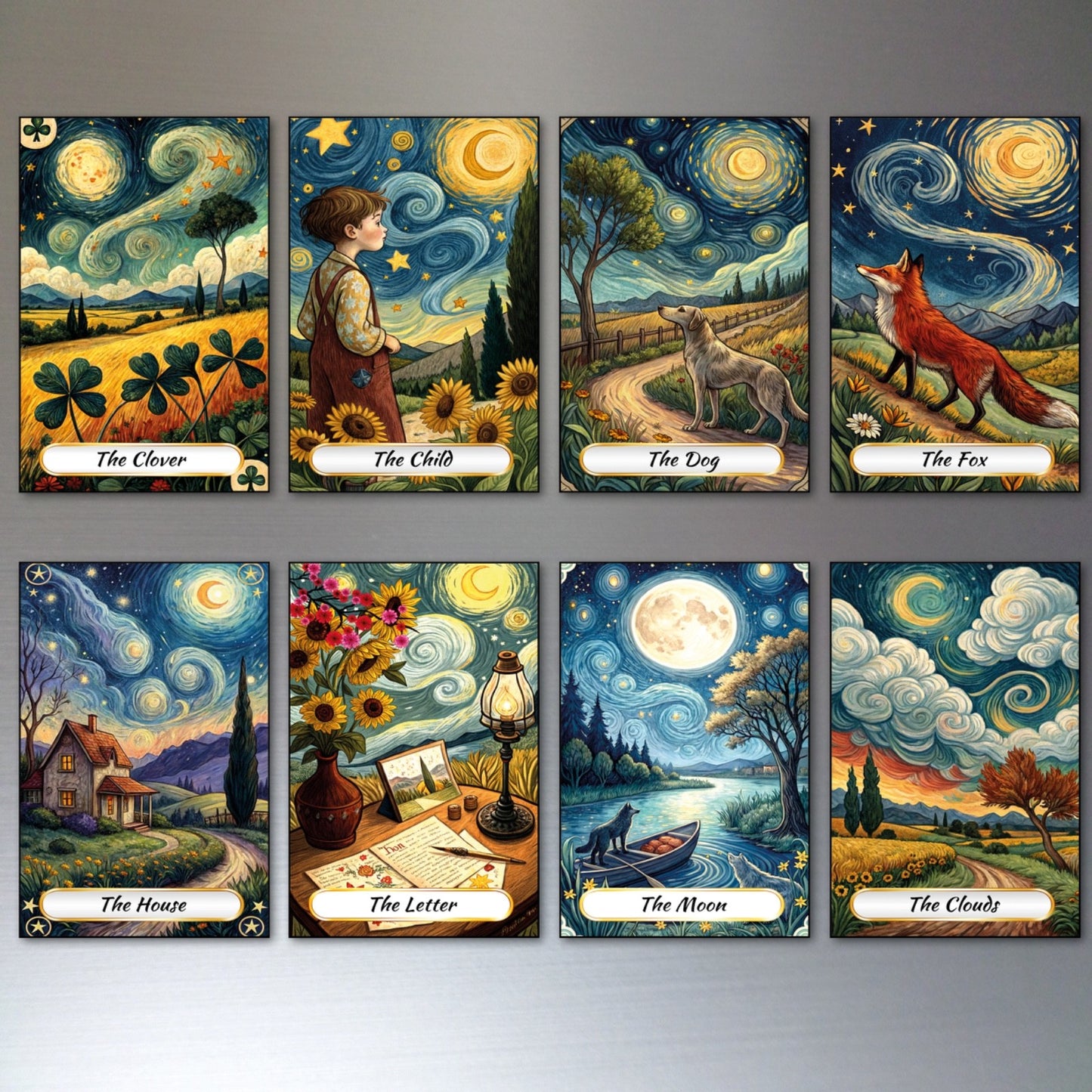 Set of 8 Van Gogh style Tarot card fridge magnets featuring colorful, artistic paintings for decorative kitchen use.