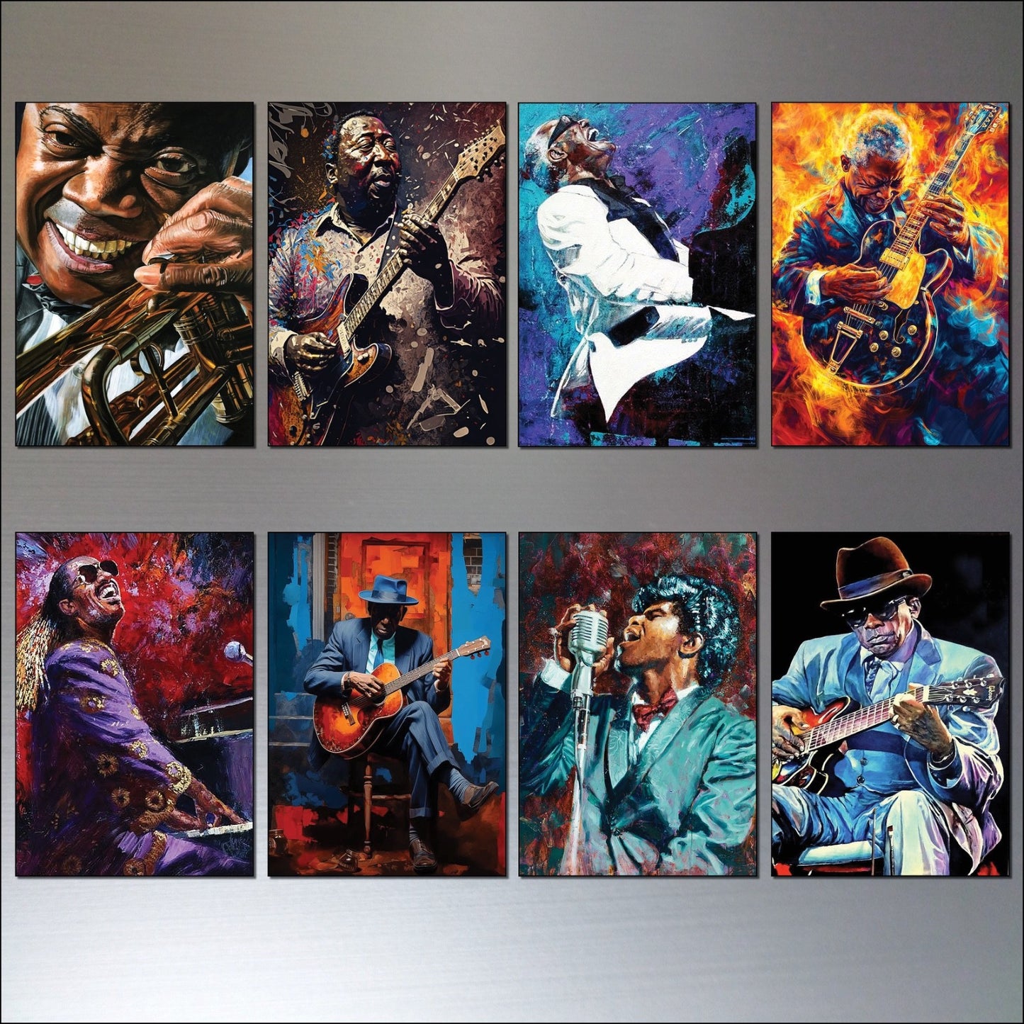 Set of 8 vintage blues, jazz, and soul icon paintings fridge magnets showing colorful musical artwork and retro style.
