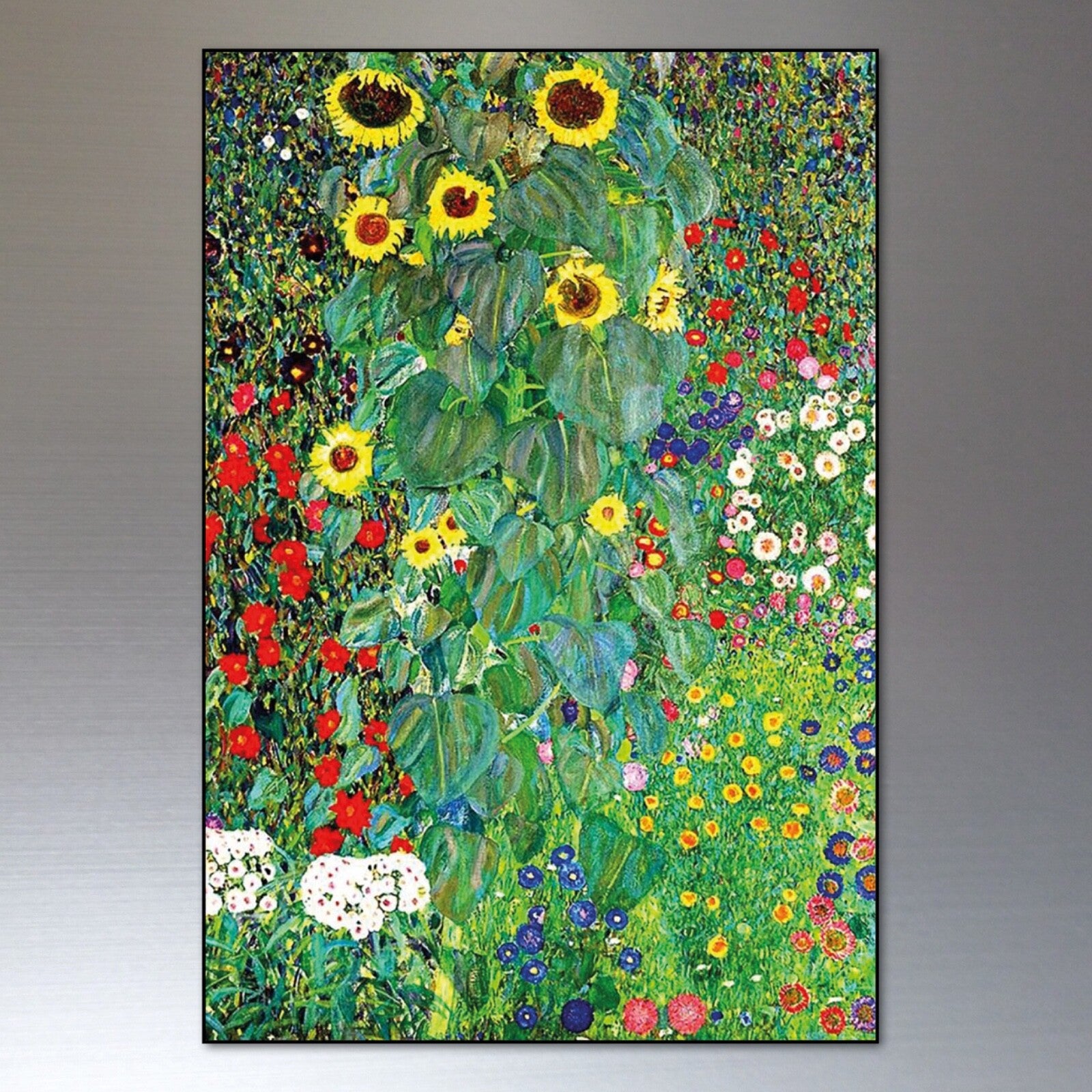 Set of 8 vintage Gustav Klimt fridge magnets featuring detailed art prints on colorful rectangular and square designs.
