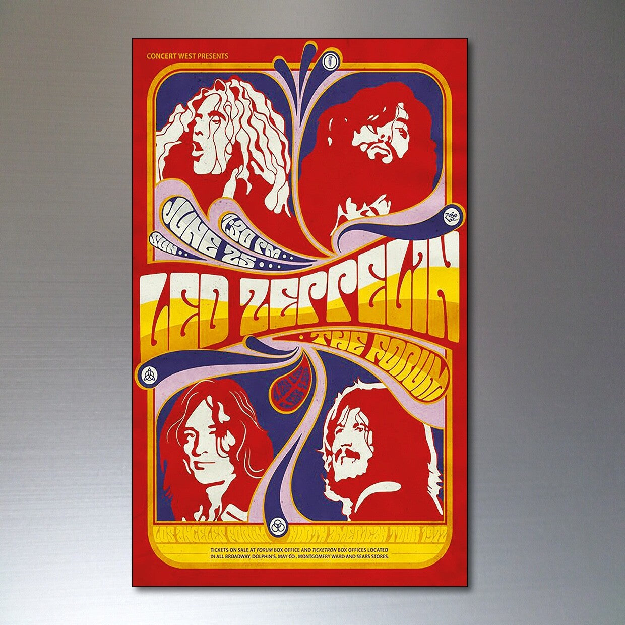 Set of 8 vintage 1960s and 70s psychedelic music posters fridge magnets with colorful, retro designs.