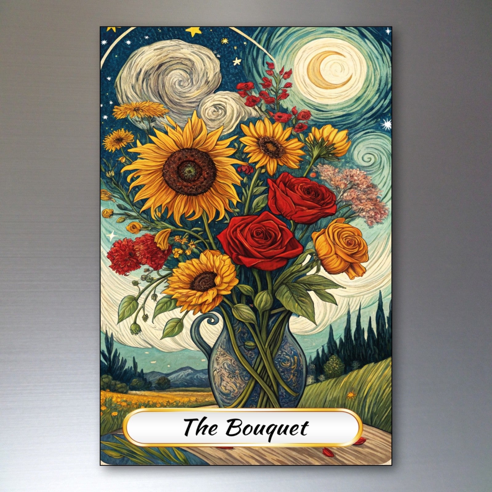 Set of 8 Van Gogh style Tarot card fridge magnets, featuring colorful artwork, ideal for decorating your kitchen or fridge.