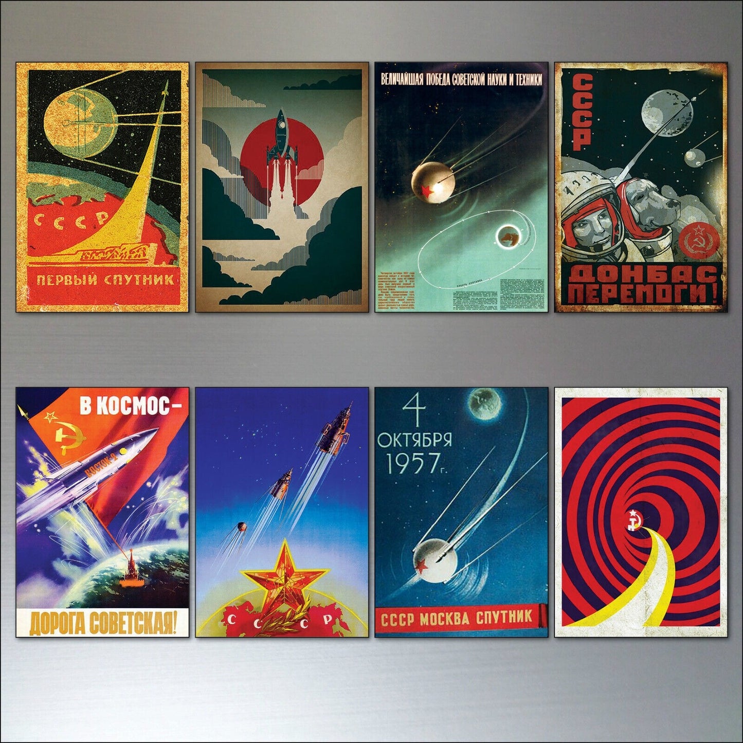 Set of 8 vintage Sputnik atomic space race fridge magnets featuring Soviet space-themed designs and retro celestial imagery.