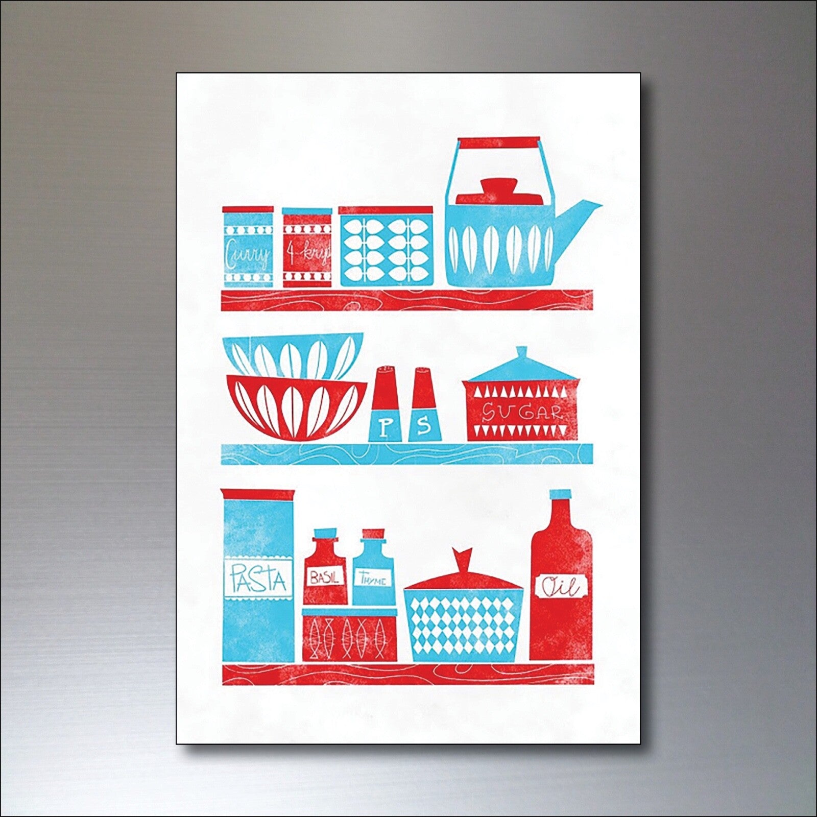 Catherineholm vintage kitchen refrigerator magnets featuring colorful retro art and designs, ideal for kitchen decor.