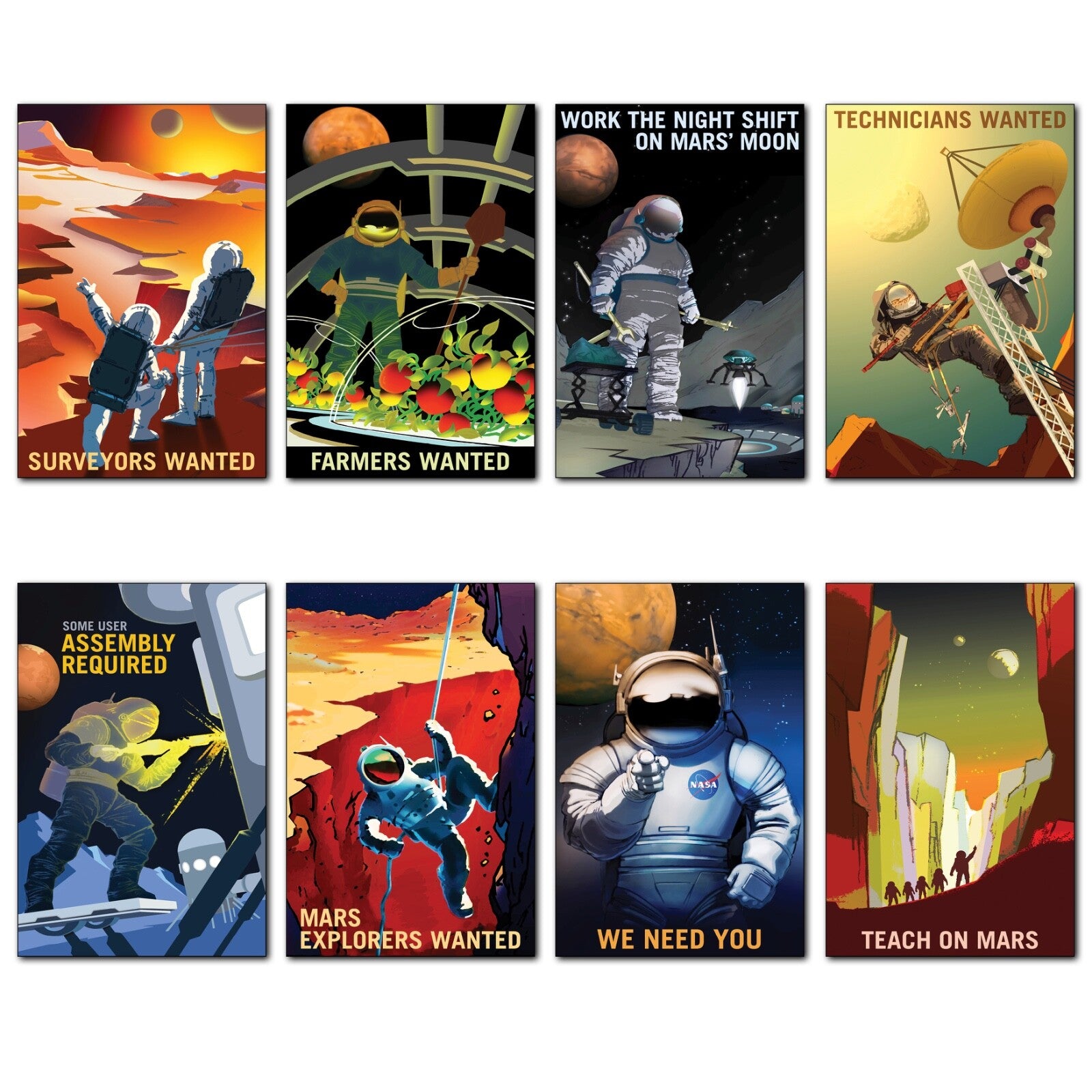 Set of 8 retro sci-fi space travel explorer artwork prints for refrigerator decor, featuring vintage science fiction design elements.